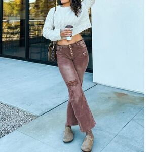 LookbookStore Brown High Waisted Distressed Flare Jeans